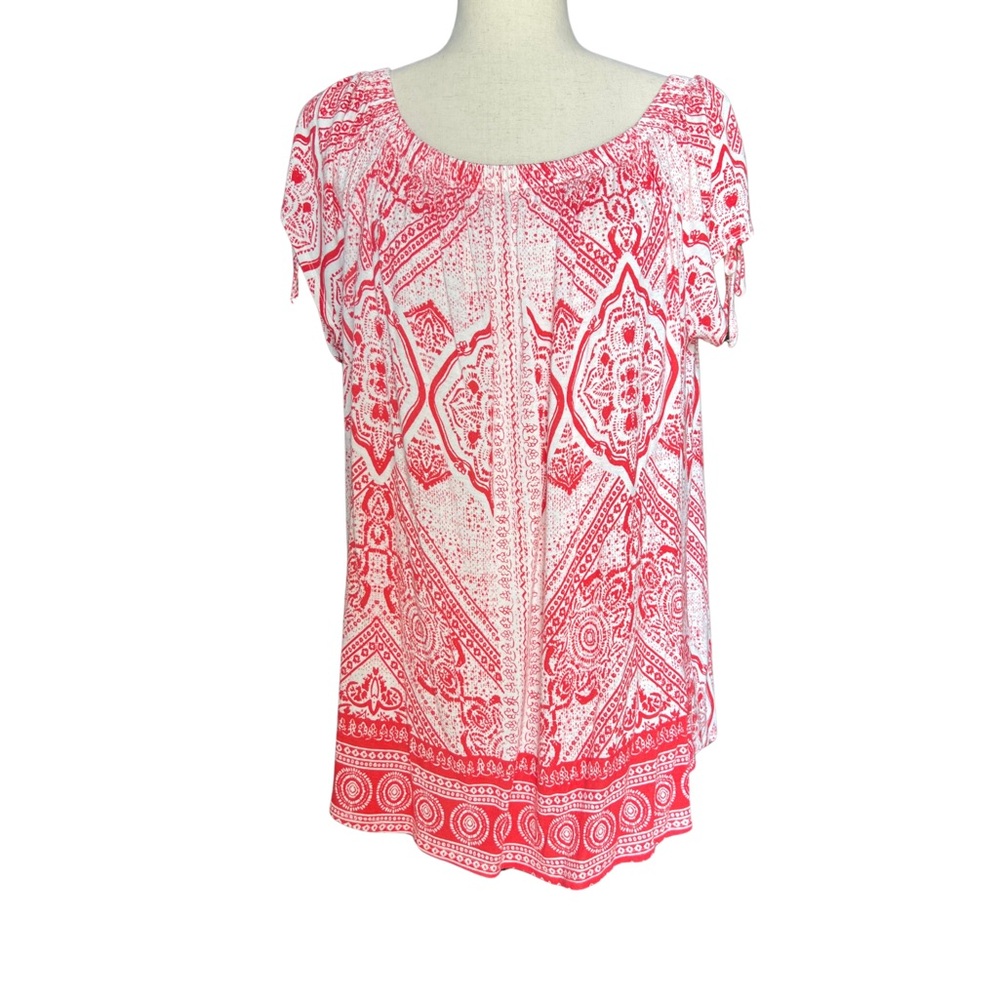 Maurices Orange and White Patterned Cold Shoulder Blouse